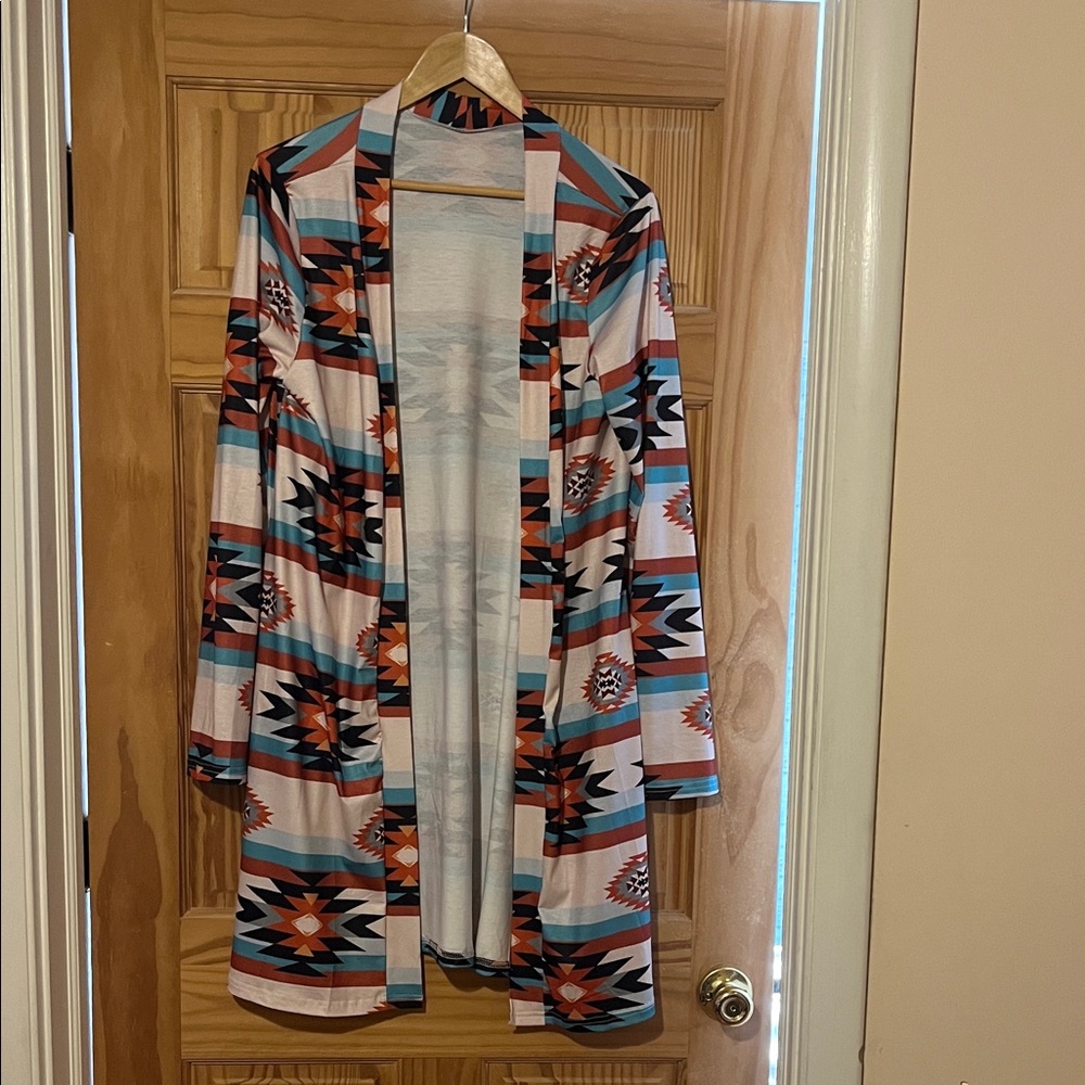 Open-Front Aztec Print Lightweight Cardigan - Multi